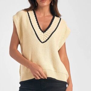 Elan Cream and Black V-Neck Sweater Vest
